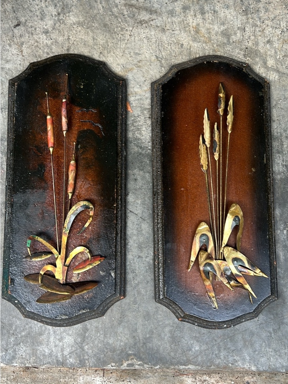 Vintage Brass & Wood Wall Plaques in Brown and Gold - Pair
